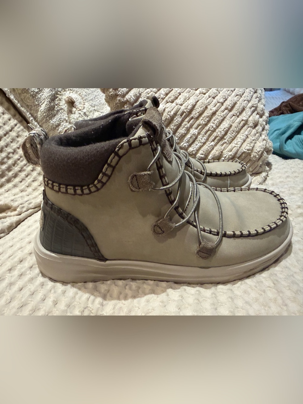 Hey Dude Women's Khaki slip on Lace-Up Ankle Booties